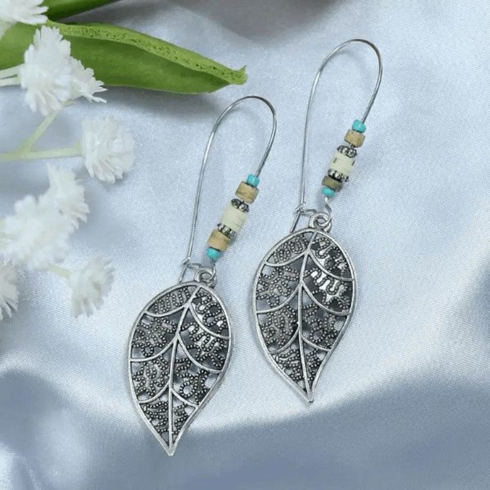 BOHEMIAN SILVER BEADED LEAF DANGLE EARRINGS